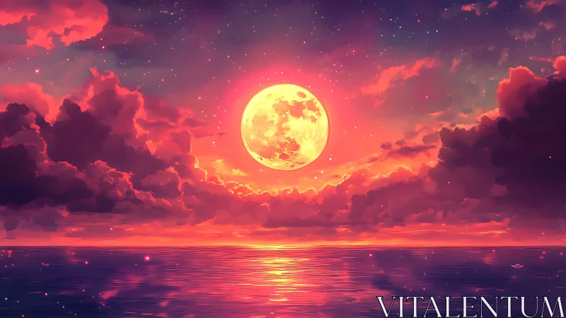 Radiant full moon dominates a neon twilight ocean horizon