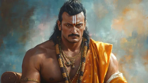 Bare-chested warrior in orange robe stares with intense focus