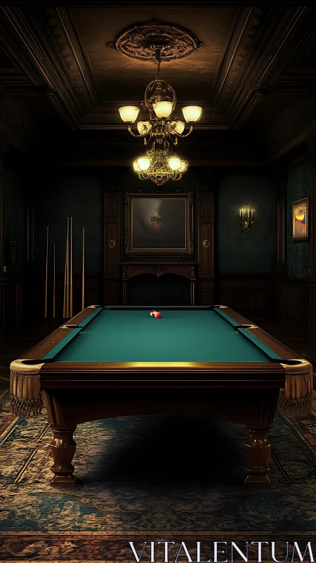 Classic billiards table in dark wood paneled room interior.
