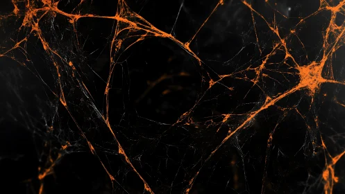 Neural filament lattice in glowing orange on black field.