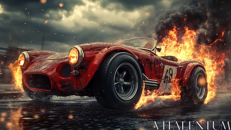 Fiery red race car charging through a stormy city street.