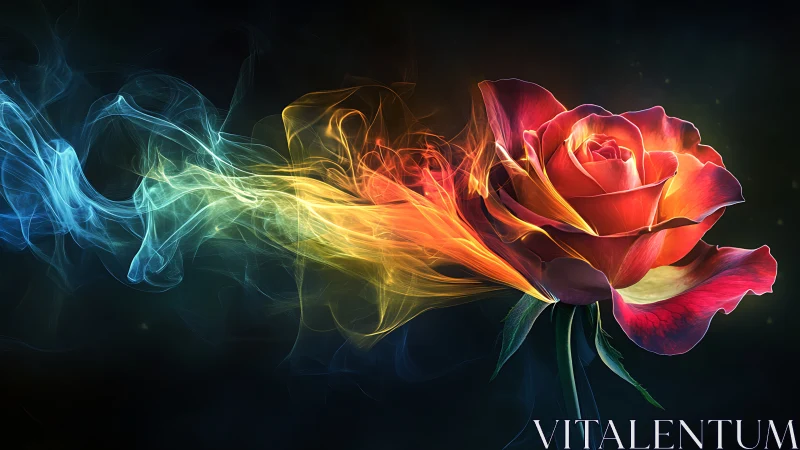 Luminous fire-kissed rose wrapped in swirling rainbow smoke.