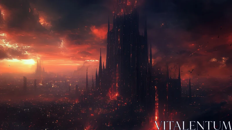 Fiery dark citadel rises calmly under a sweeping crimson sky