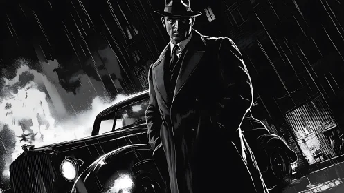 Shadowed detective waits in the rain beside a silent classic car
