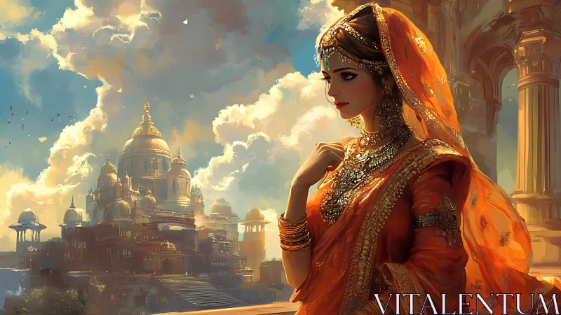 Digital painting shows adorned woman before domed palace architecture