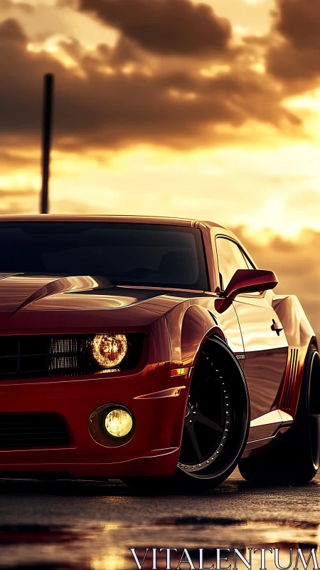 Sunset-lit red muscle car with glossy wet asphalt reflections.