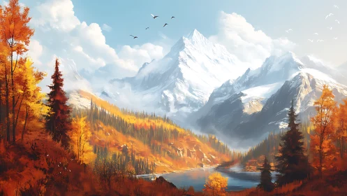 Snow-covered mountain range above autumn forest valley.