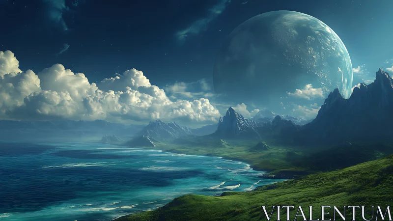 Alien coastline under vast planet and luminous clouds.