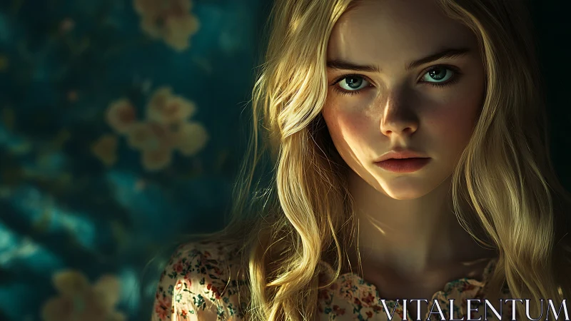 Moody blonde portrait under dappled golden afternoon light.