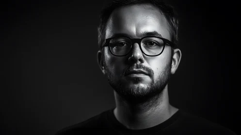 Moody black and white portrait under dramatic side light.