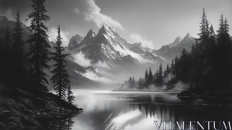 Monochrome alpine lake beneath towering misted peaks.