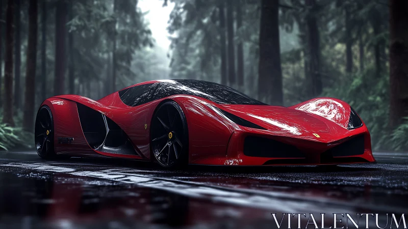3D hypercar render in misted forest with fluid aerodynamics.