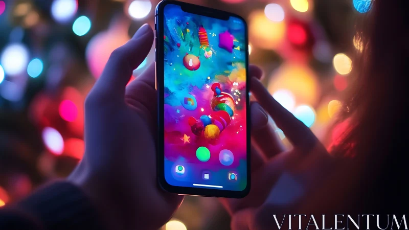 Colorful holiday lights glow around a bright smartphone screen