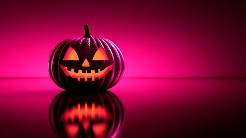 Neon pink jack o lantern with internal glow on glossy surface