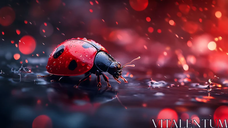 Wet ladybug on reflective surface under vivid red light.