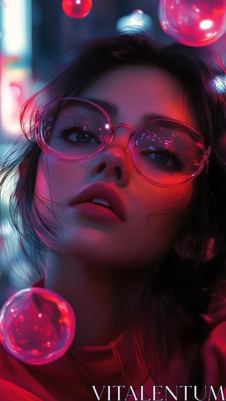 Neon-lit portrait of woman in oversized glasses and orbs.