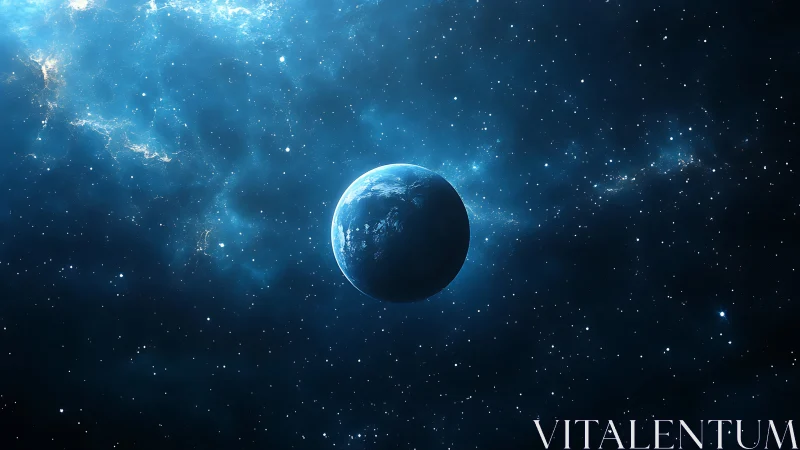 Solitary blue planet illuminated in ethereal starfield glow.