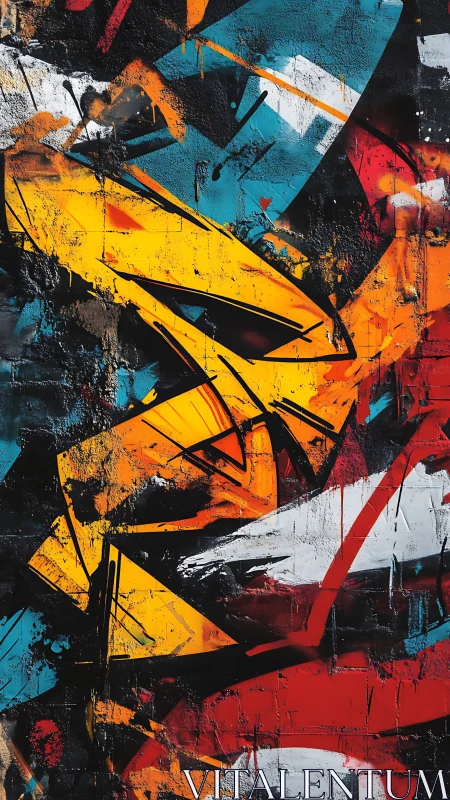 Bold abstract graffiti mural with vibrant angular shapes.
