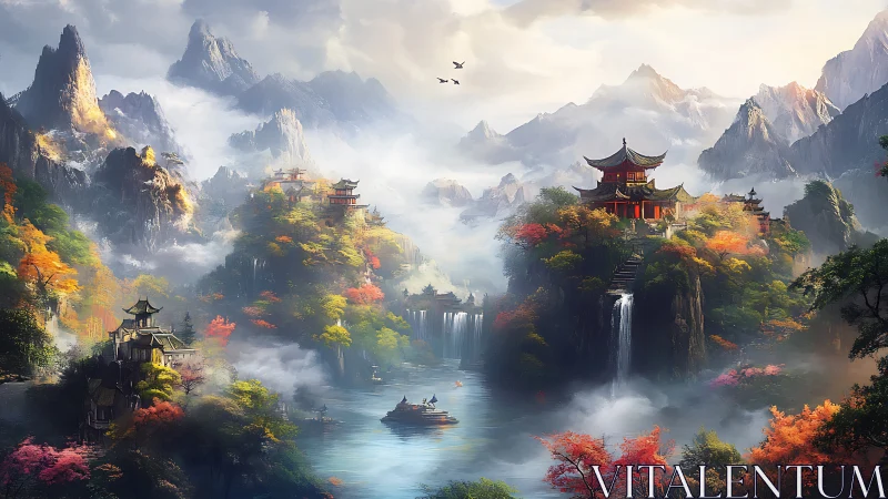 Misty mountain temples overlook cascading waterfalls and river