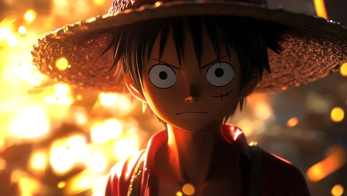 Straw hat glare amid embers of a rising pirate dawn.
