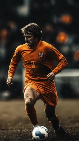 Soccer player in orange kit drives ball down wet pitch