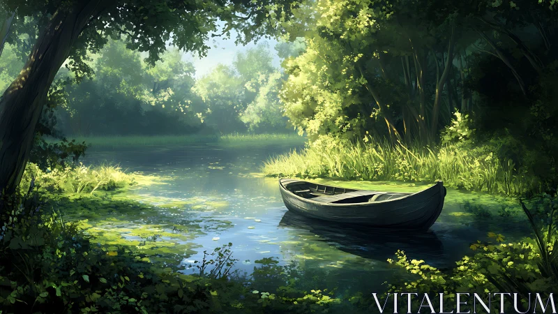 Sunlit river lullaby with a dreaming wooden boat.