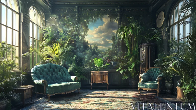 Verdant conservatory lounge with teal tufted seating and mural.