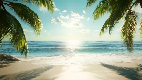 Tropical shoreline frames luminous sunset over calm sea.