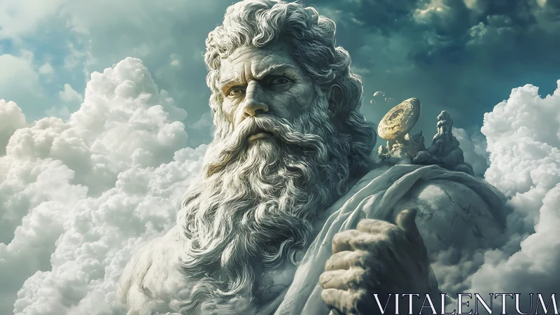 Majestic storm god of stone emerges from towering clouds.