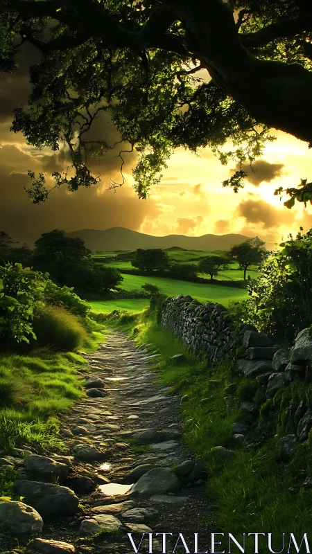 Stone path through rural fields under dramatic sunset sky.