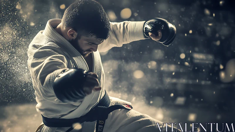 Dynamic karate fighter striking in cinematic studio light.