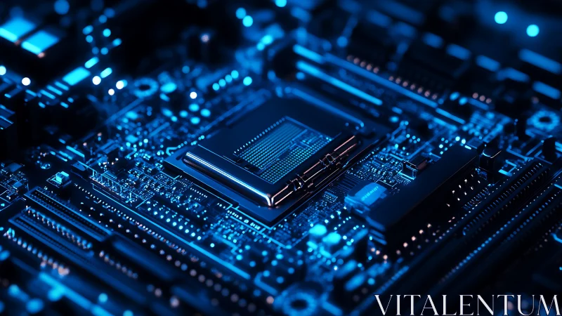 Blue illuminated CPU socket on detailed computer motherboard.