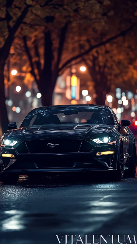 Black sports car is parked on a wet city street at night