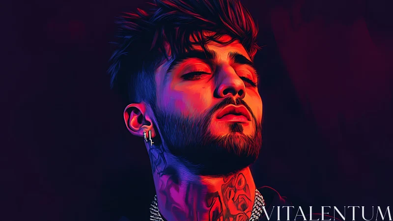 Neon portrait of tattooed man with intense upward gaze.