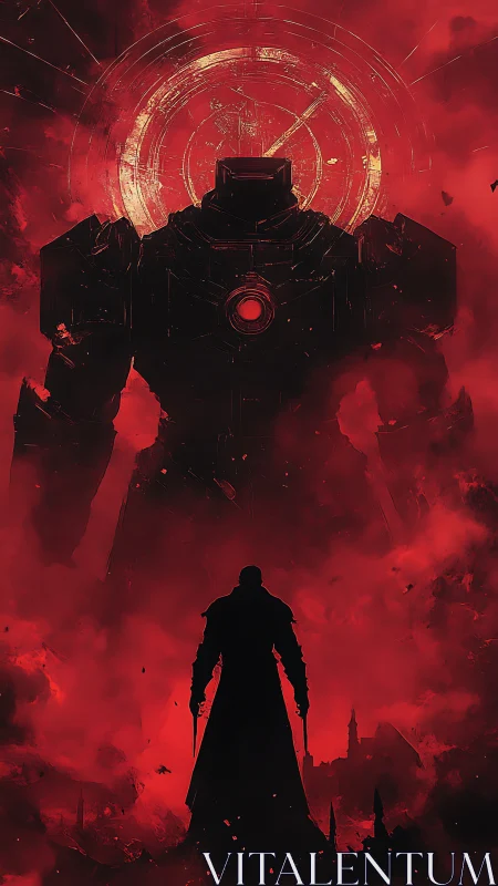 Silhouetted warrior confronts colossal mech in crimson haze