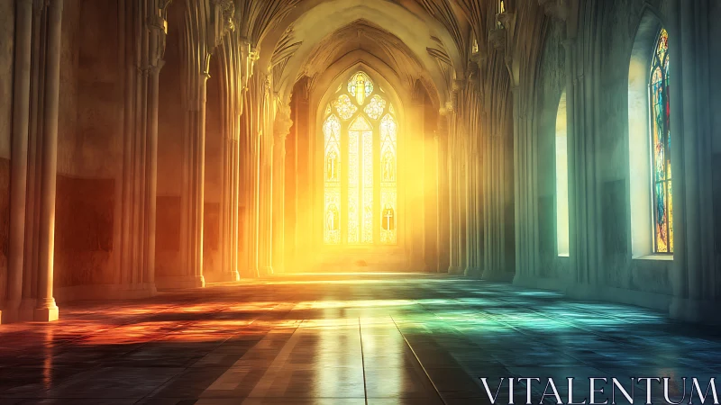 Sunlit cathedral corridor where stained glass dreams roam.