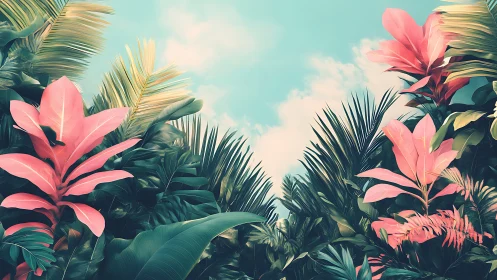 Soft tropical foliage glowing under a dreamy blue sky.