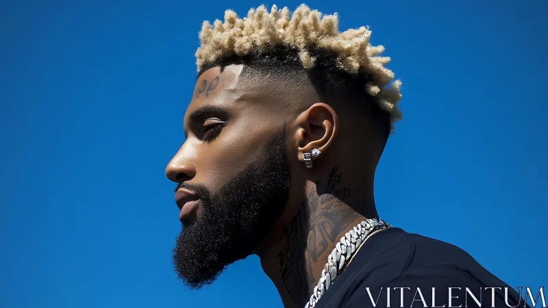 Stylish side-profile portrait under clear blue sky.