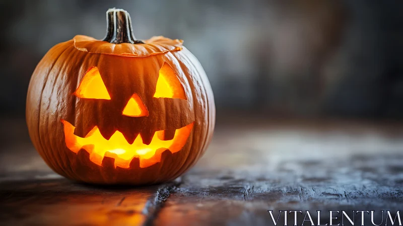 Glowing jack o lantern smiles warmly on a rustic wooden table