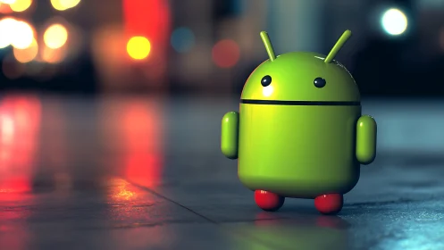 Glossy green robot mascot on urban reflective floor at night.