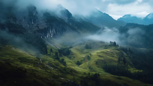 Mist-draped alpine valley under dramatic moody light.