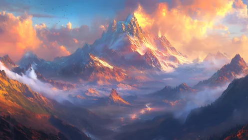 Sunlit fantasy peaks glow above a misty, painted valley