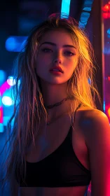 Neon-lit portrait of woman standing against reflective surface