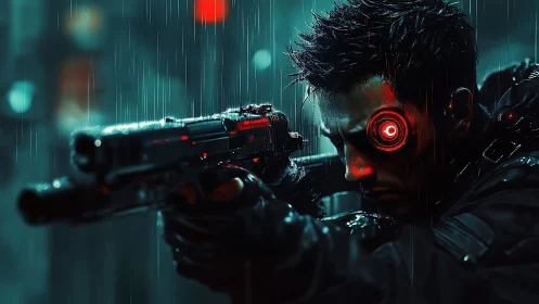 Cybernetic sniper aims rifle under neon rain in city alley