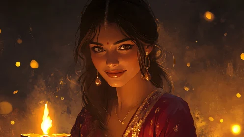Woman in Traditional Attire Holding Diya, Warm Festive Art.