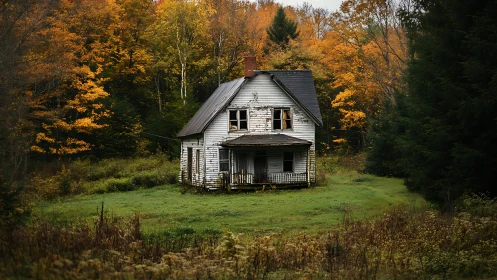 Weathered farmhouse centered in misty autumn forest clearing.