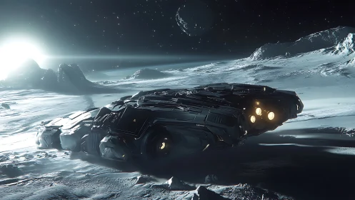 Futuristic starship lands on icy lunar plain in high detail