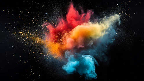 Multicolored powder cloud suspended against black backdrop.