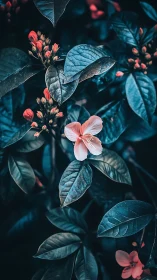 Pink flowers with blue-green foliage in botanical macro photography.