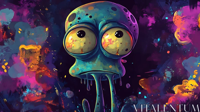 Neon eyed alien drips calmly amid explosive cosmic colors